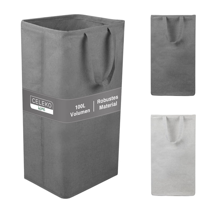 Wäschesammler 100 Liter Grau Faltbarer Wäschekorb Organizer mit erweitertem Griff, Wäschebox Aufbewa