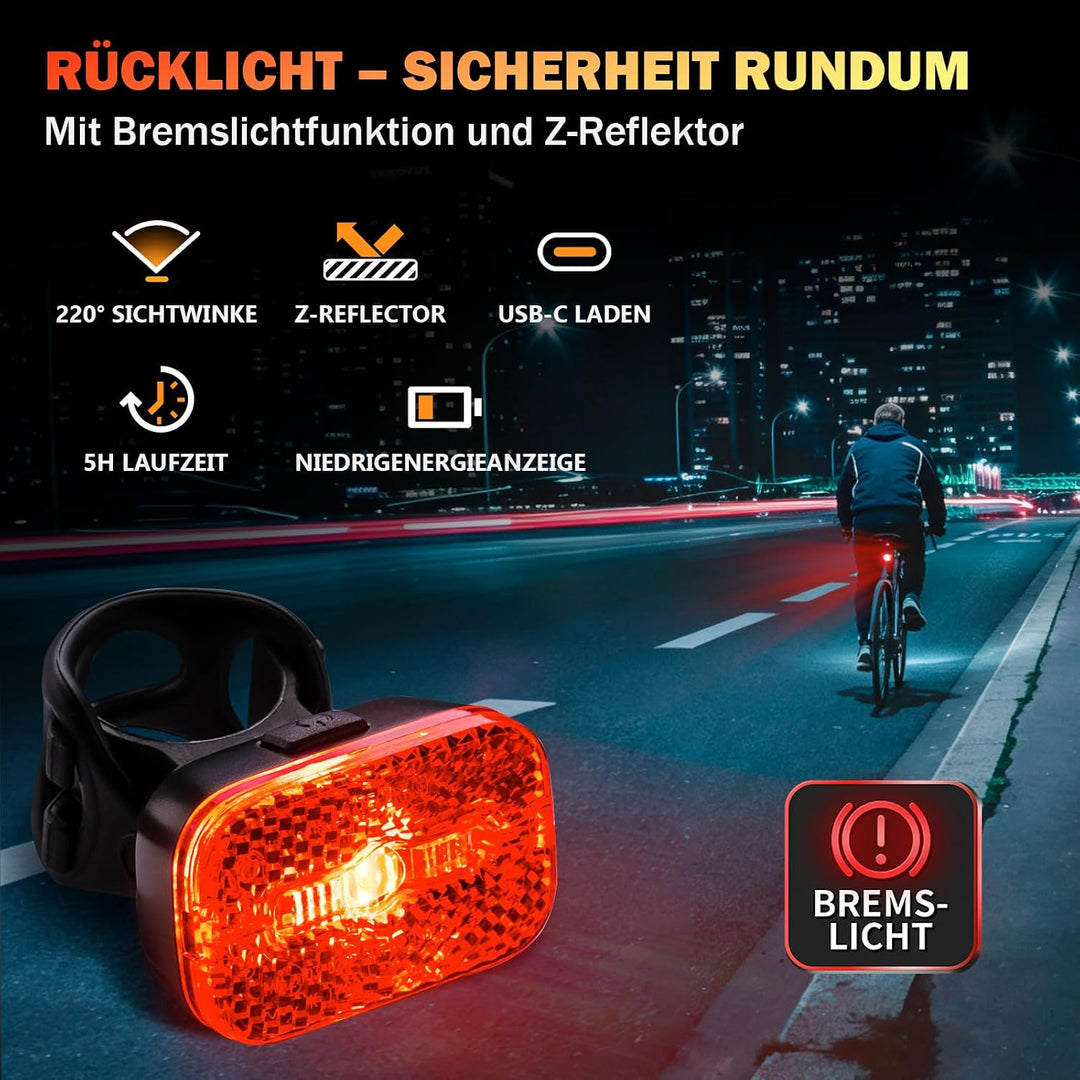 Fahrradlicht Set 100 Lux StVZO, USB-C Akku Vorderlicht + Rücklicht mit Bremslichtfunktion, wasserdic