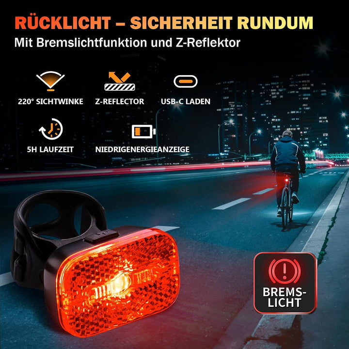 Fahrradlicht Set 100 Lux StVZO, USB-C Akku Vorderlicht + Rücklicht mit Bremslichtfunktion, wasserdic