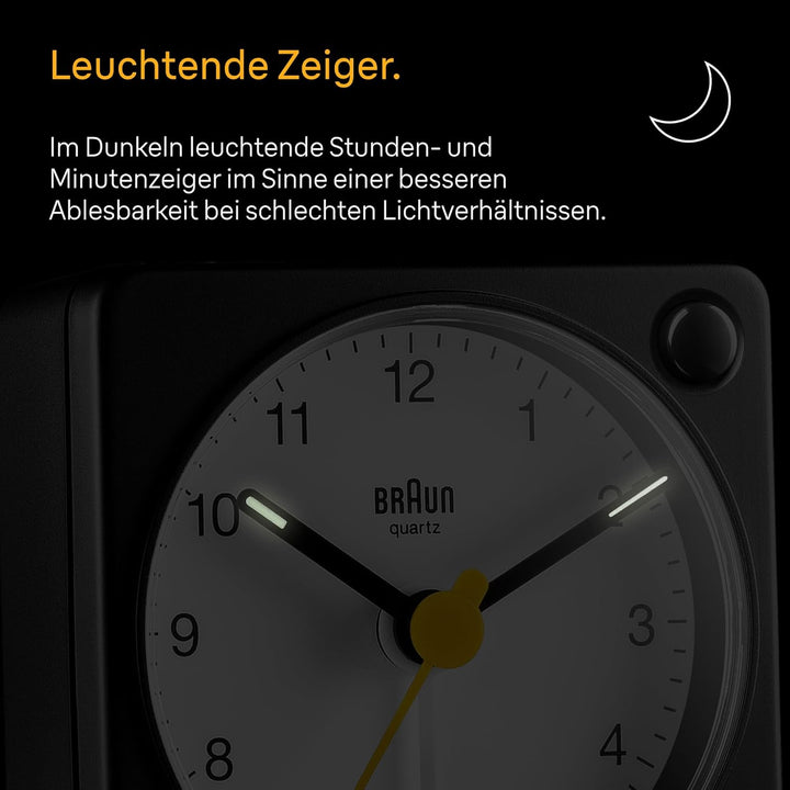 Klassischer analoger Reisewecker von Braun mit Schlummerfunktion und Licht, kompakte Grösse, ruhiges