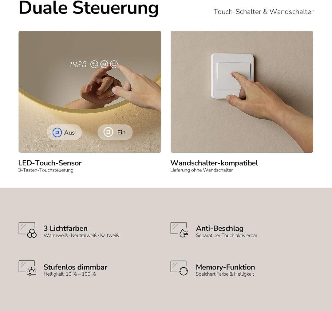 EMKE LED Badspiegel Rund Spiegel mit Beleuchtung ф70cm Gebürstetem Goldrahmen LED Badezimmerspiegel