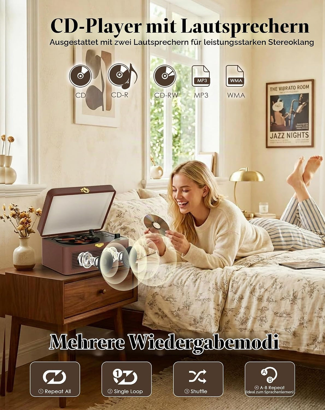 Tragbar CD Player Bluetooth Retro Radio mit CD-Player mit Lautsprecher Unterstützung USB &amp; AUX-Wiede