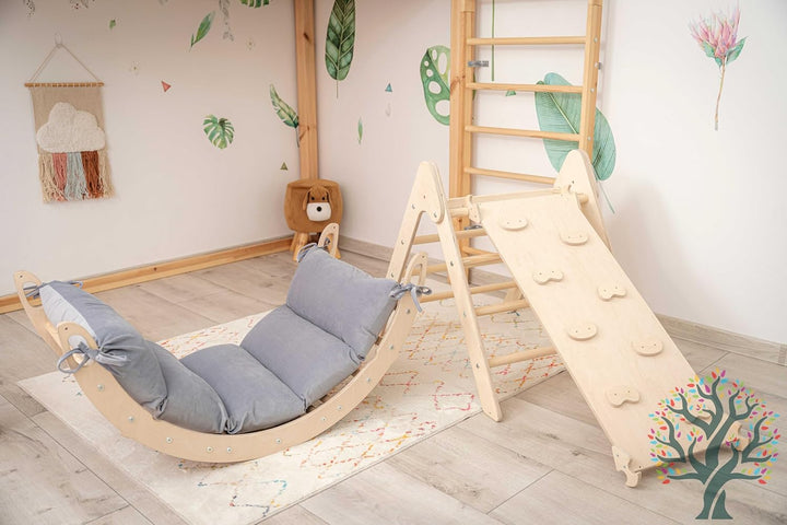 WoodsCraft Kletterbogen mit Kissen - Holz Klettergerüst Indoor - Hypoallergen Kissen für Kletterboge