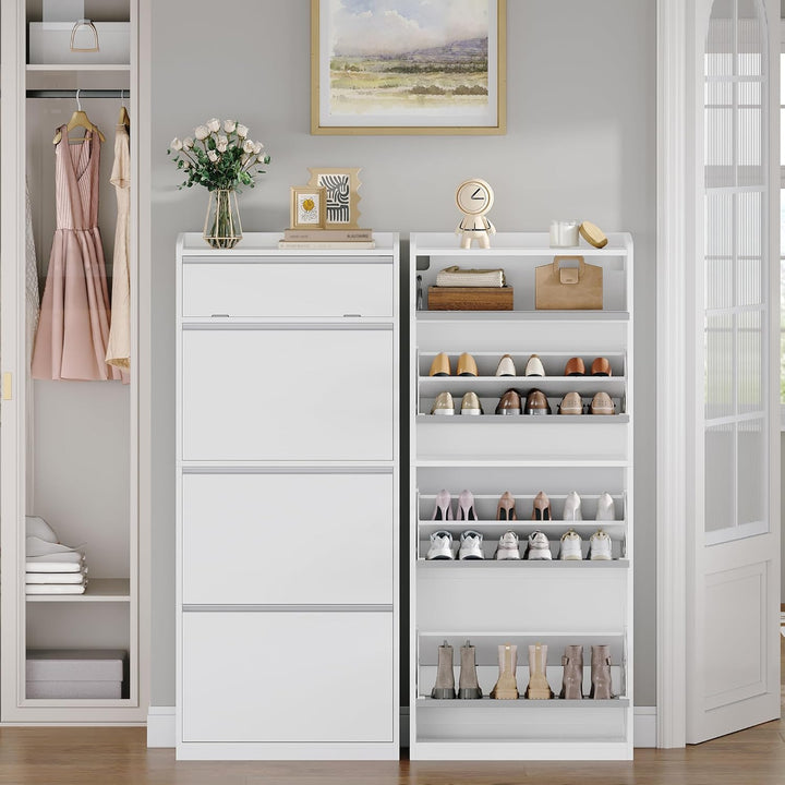Schuhschrank Schmal mit 3 Klapptüren, Schuhkipper, Schmaler Schuhkommode mit 1 Dropdown Speicher, fü