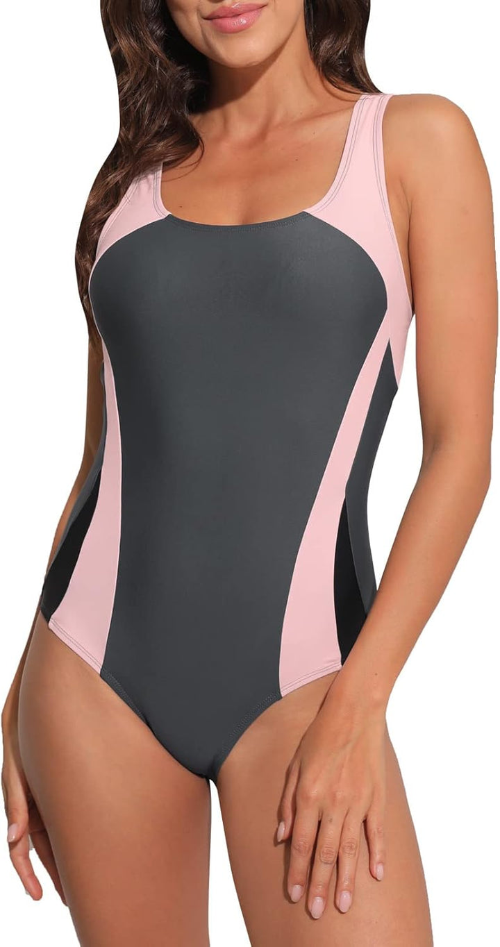 Halcurt Damen Sportlicher Einteiler Badeanzug Racer Back Schwimmanzug Figuroptimizer Bademode Grau/R