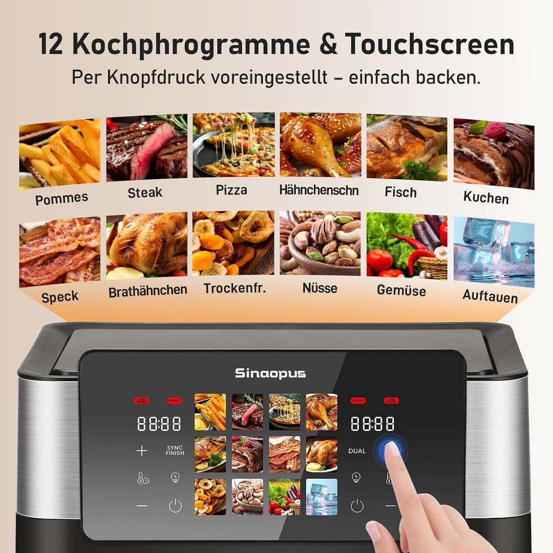 Air Fryer 9L 2000 W, Heissluftfritteuse 2 Kammern mit kühlem Griff | Digitaler Touchscreen, Sichtfen