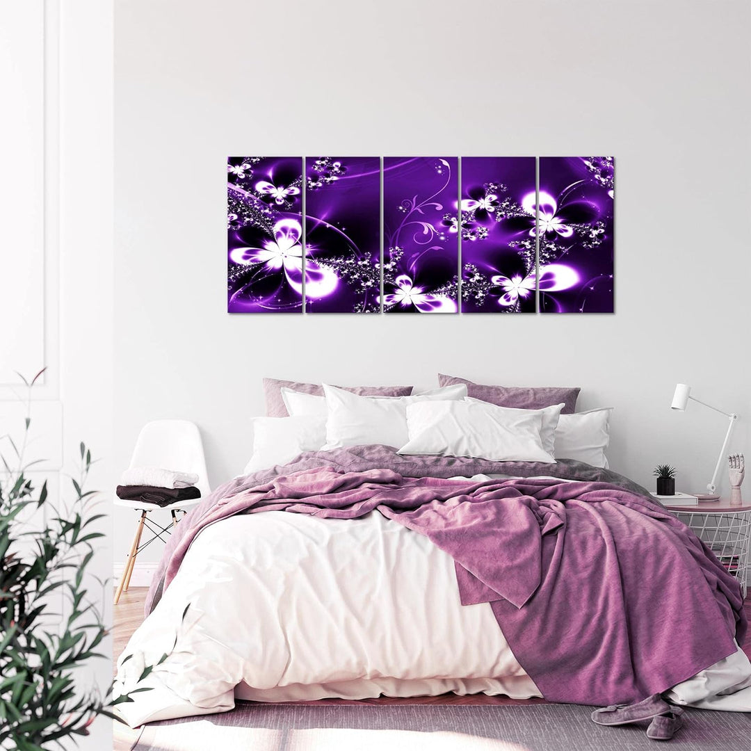 Runa Art Wandbild XXL Abstrakt Blumen Wohnzimmer Schlafzimmer 200 x 80 cm Lila 5 Teilig - Made in Ge