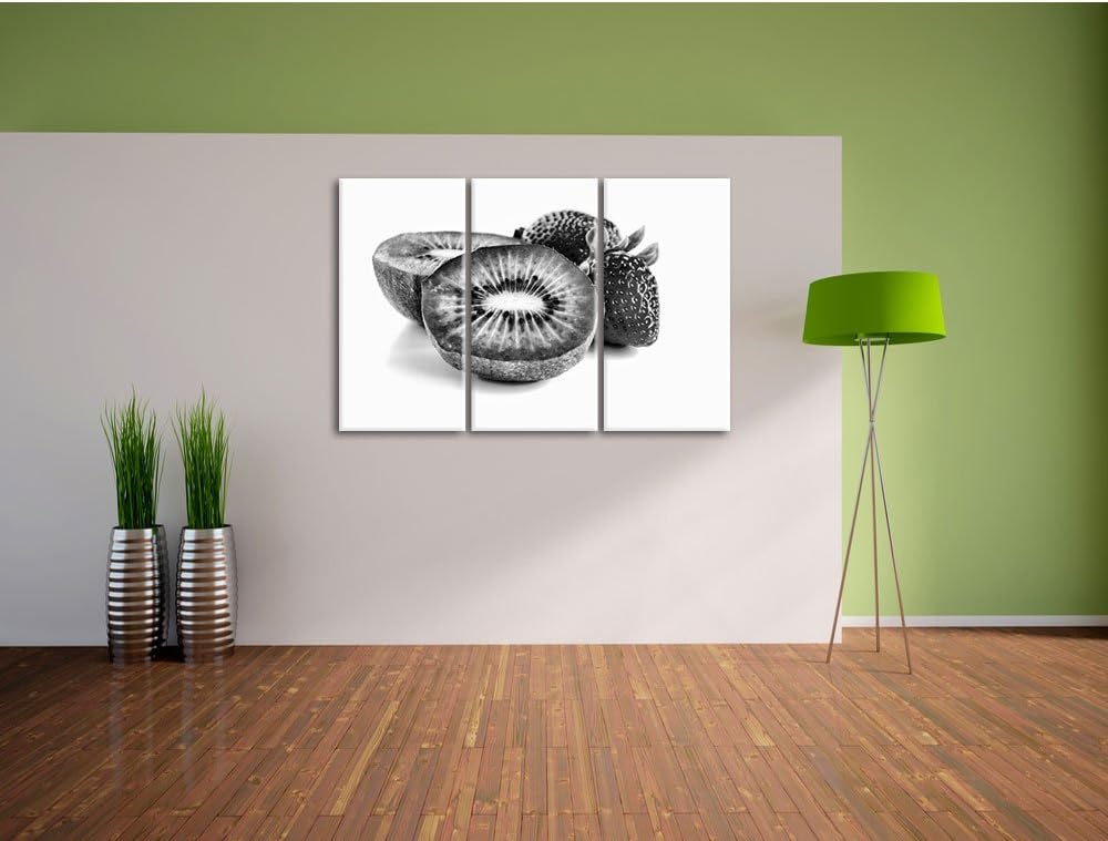 Pixxprint Monocrome, Kiwi und Erdbeeren 3-Teiler Leinwandbild 120x80 Bild auf Leinwand
