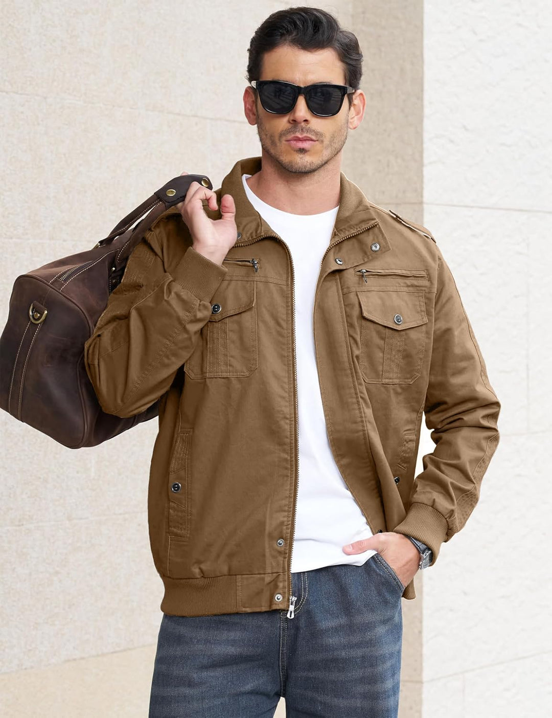 EKLENTSON Herren Arbeitsjacke Workwear Übergangsjacke Cargo Jacke mit Vielen Taschen M Khaki #91, M