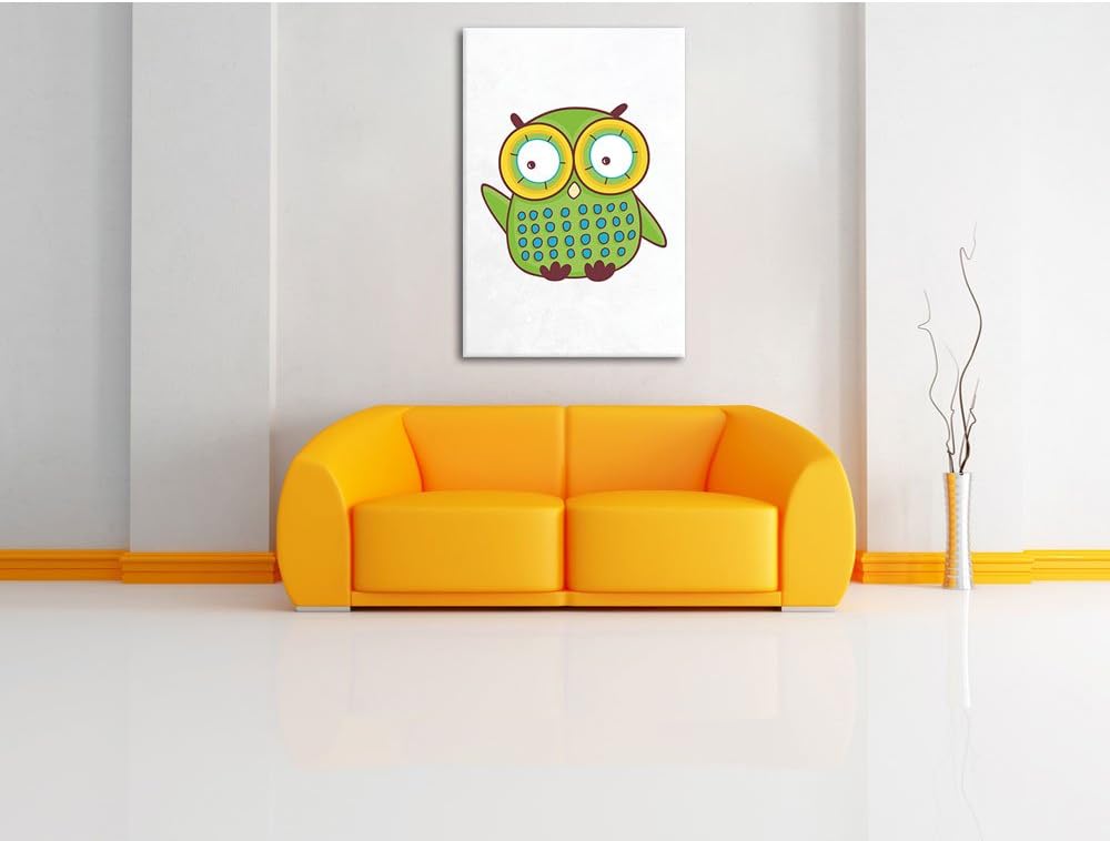 Pixxprint Lustige grüne Eule winkend weiss, Format: 70x100 auf hochkantiges Leinwandbild, XXL riesig
