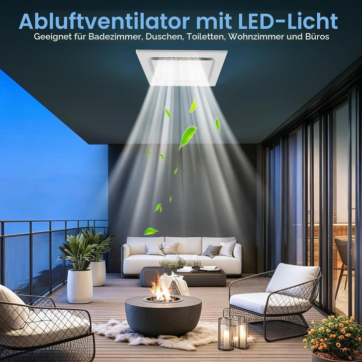 Abluftventilator für Badezimmer 200mm Badlüfter mit LED Licht, 3 Lichtfarben Einstellbar Abluftventi