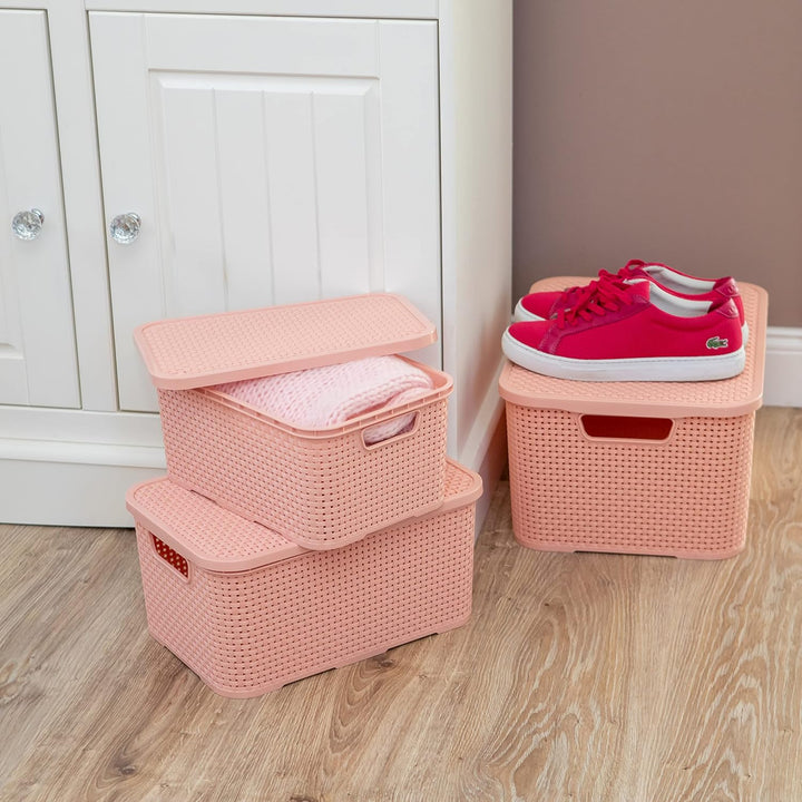 BranQ - Home essential Korb mit Deckel in Rattan Design 2er Set Grösse M 10 l, BPA-frei Kunststoff P