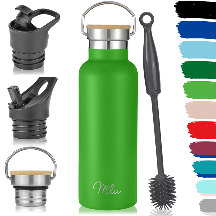 Milu Edelstahl Trinkflasche 350ml 500ml 750ml 1000ml (+3 Deckel) Thermosflasche mit Strohhalm, Isoli