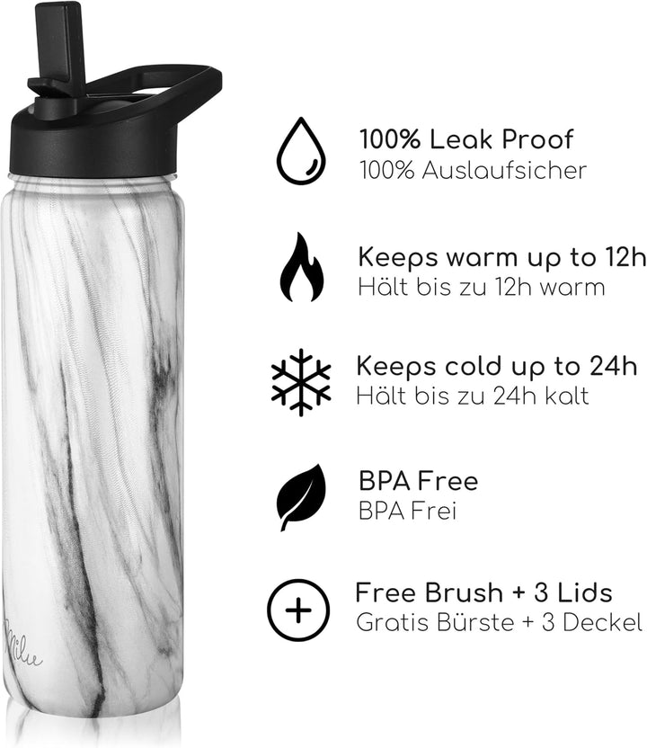 Milu Edelstahl Trinkflasche 500ml, 750ml, 1000ml (+3 Deckel) - Thermosflasche mit Strohhalm, Isolier