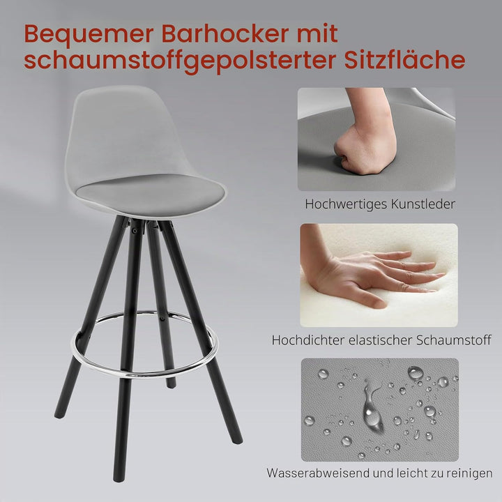 WOLTU® BH122gr-2 2 x Barhocker 2er Set Barstuhl aus Kunstleder Holzgestell mit Lehne + Fussstütze De