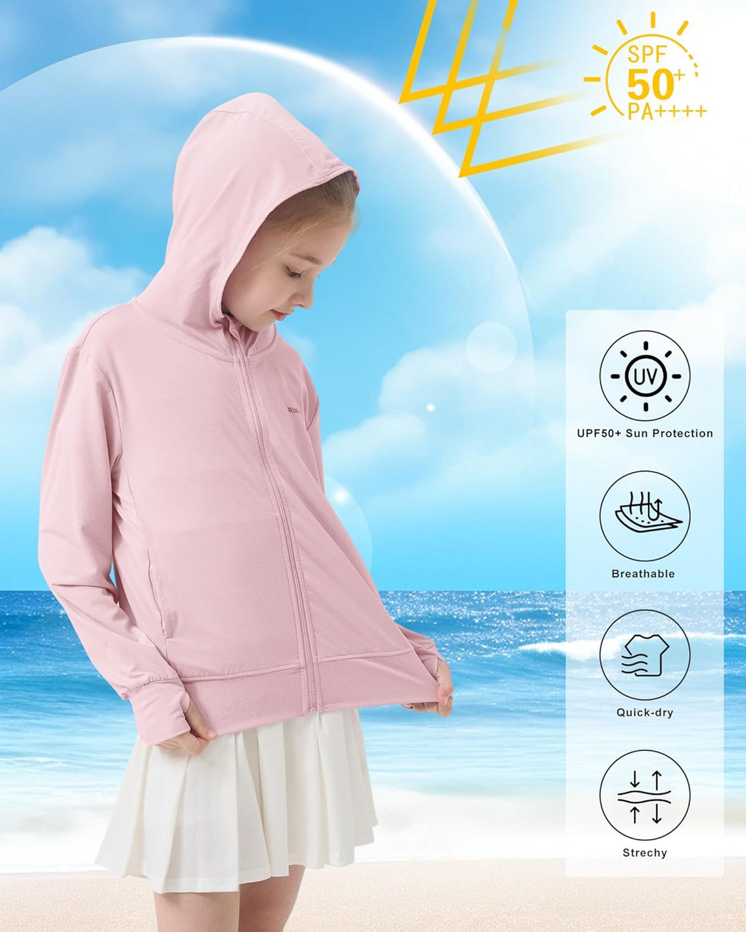 Rolanko Mädchen Sommerjacke mit Daumenlöchern Langarm Sonnenschutz Schnell Trocknend Reissverschluss