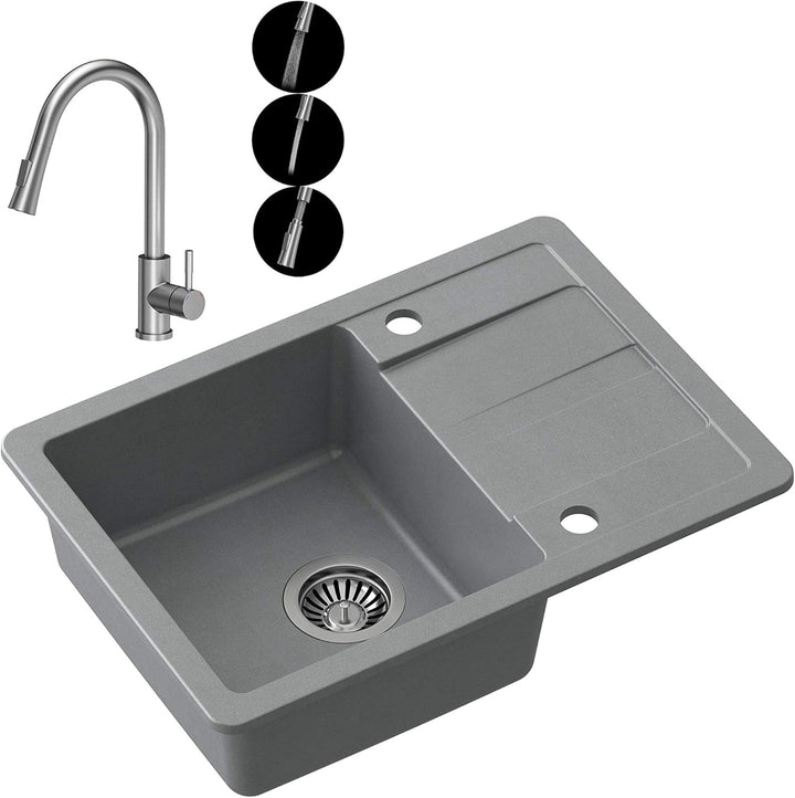 VBChome Spülbecken mit Armatur 62 x 44 cm Grau Einbauspüle mit Armatur Granit Einbauspüle mit Armatu