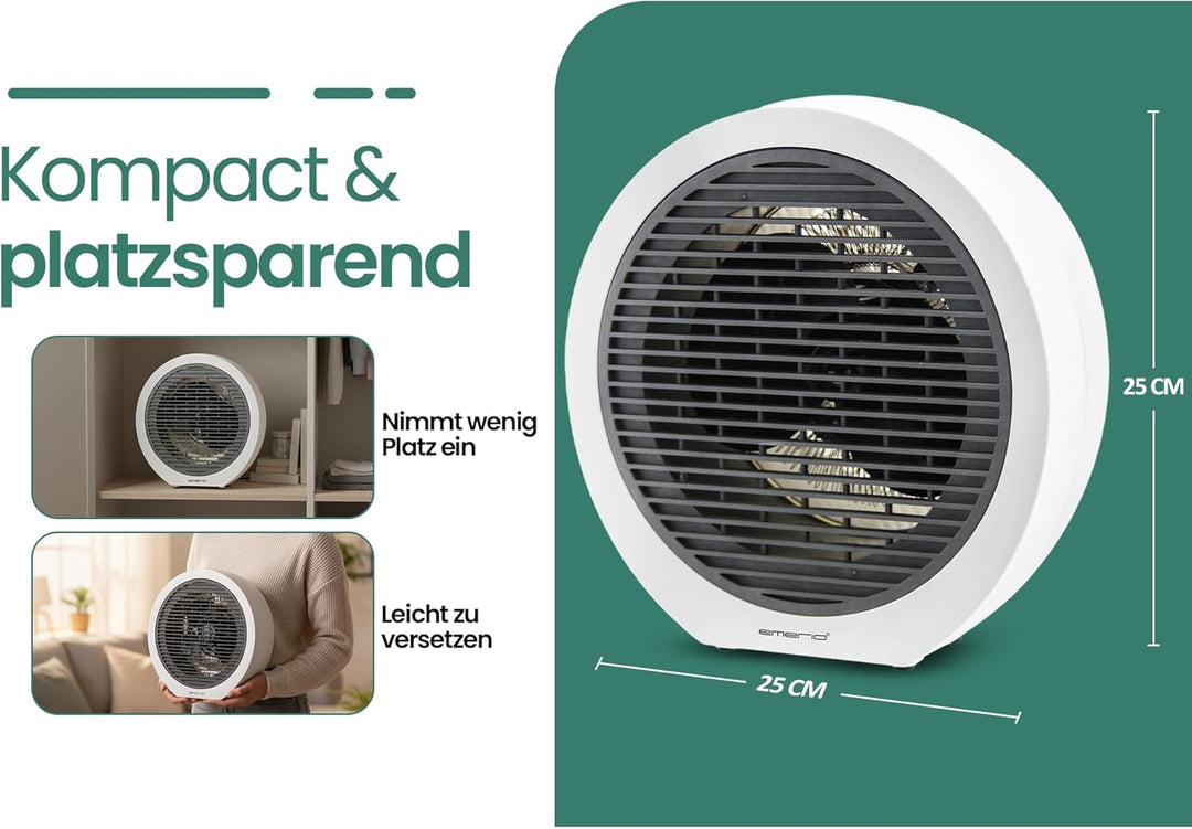 EMERIO Heizlüfter | für Räume bis 20 m² | 2000W | 2 Heizstufen | Einstellbarer Thermostat | Ventilat