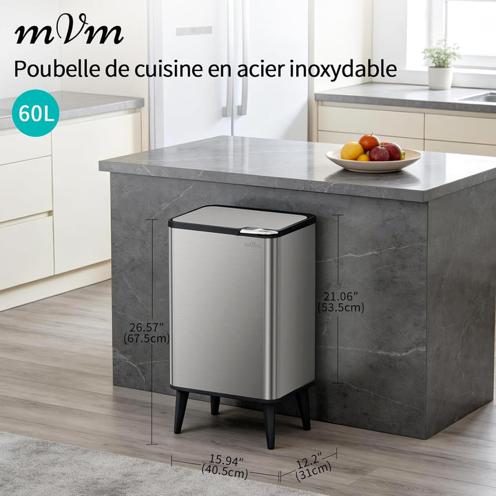 mVm Küchen & Büromülleimer 60L, Edelstahl, Rechteckig, Mit Deckel & Geruchsfilter, Sanftschliessend