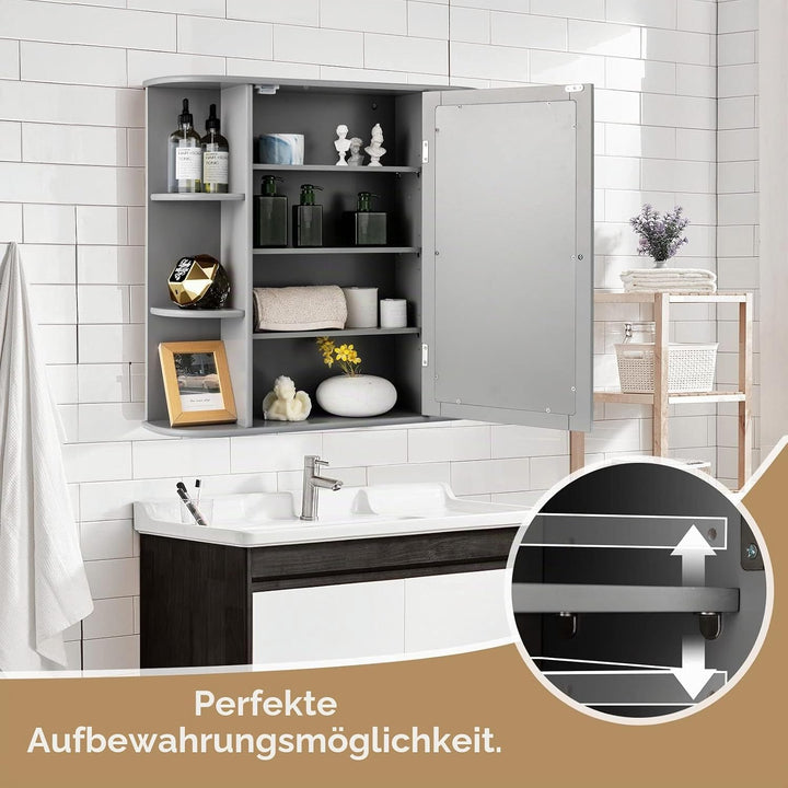 LIFEZEAL Badezimmerschrank mit Spiegel, Hängeschrank aus Holz, Badschrank mit 10 Ablagen, Aufbewahru