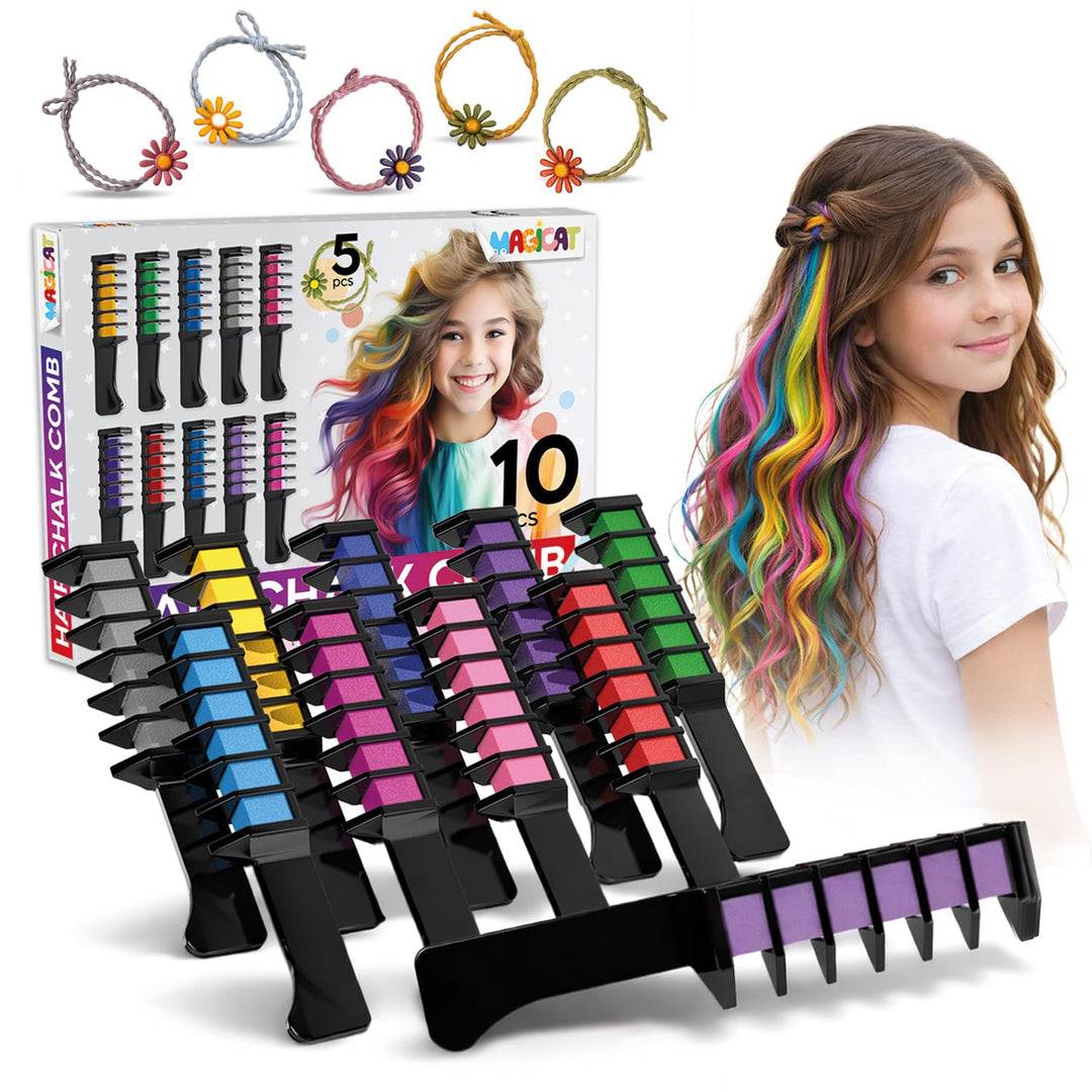 Magicat Haarkreide für Mädchen Deluxe Set 2026 I 10 Farben & 5 Haargummis I Kinder Haarfarbe auswasc
