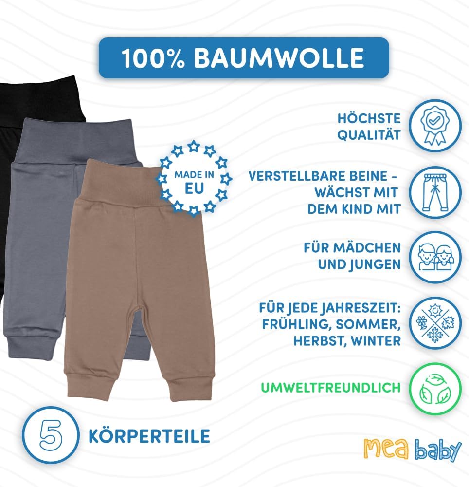 MEA BABY 5er Pack Baby Hosen Unisex für Jungen &amp; Mädchen | Pumphose aus 100% Baumwolle mit breitem B