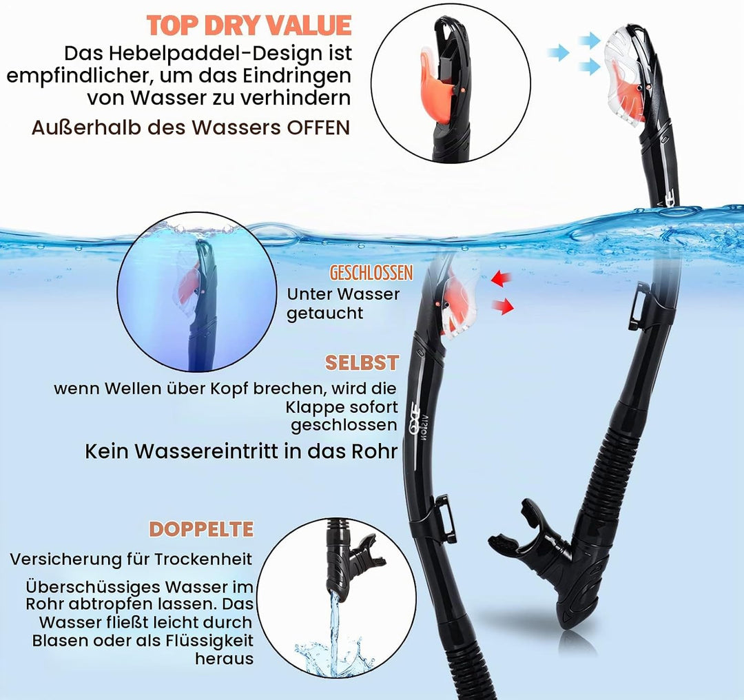 Trockenschnorchel-Set, Pano 3-Fenster-Schnorchelmaske, Anti-Fog-Taucherbrille und Schnorchel, profes