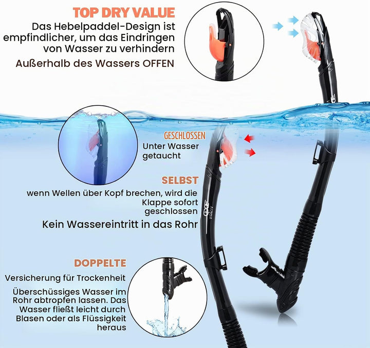 Trockenschnorchel-Set, Pano 3-Fenster-Schnorchelmaske, Anti-Fog-Taucherbrille und Schnorchel, profes