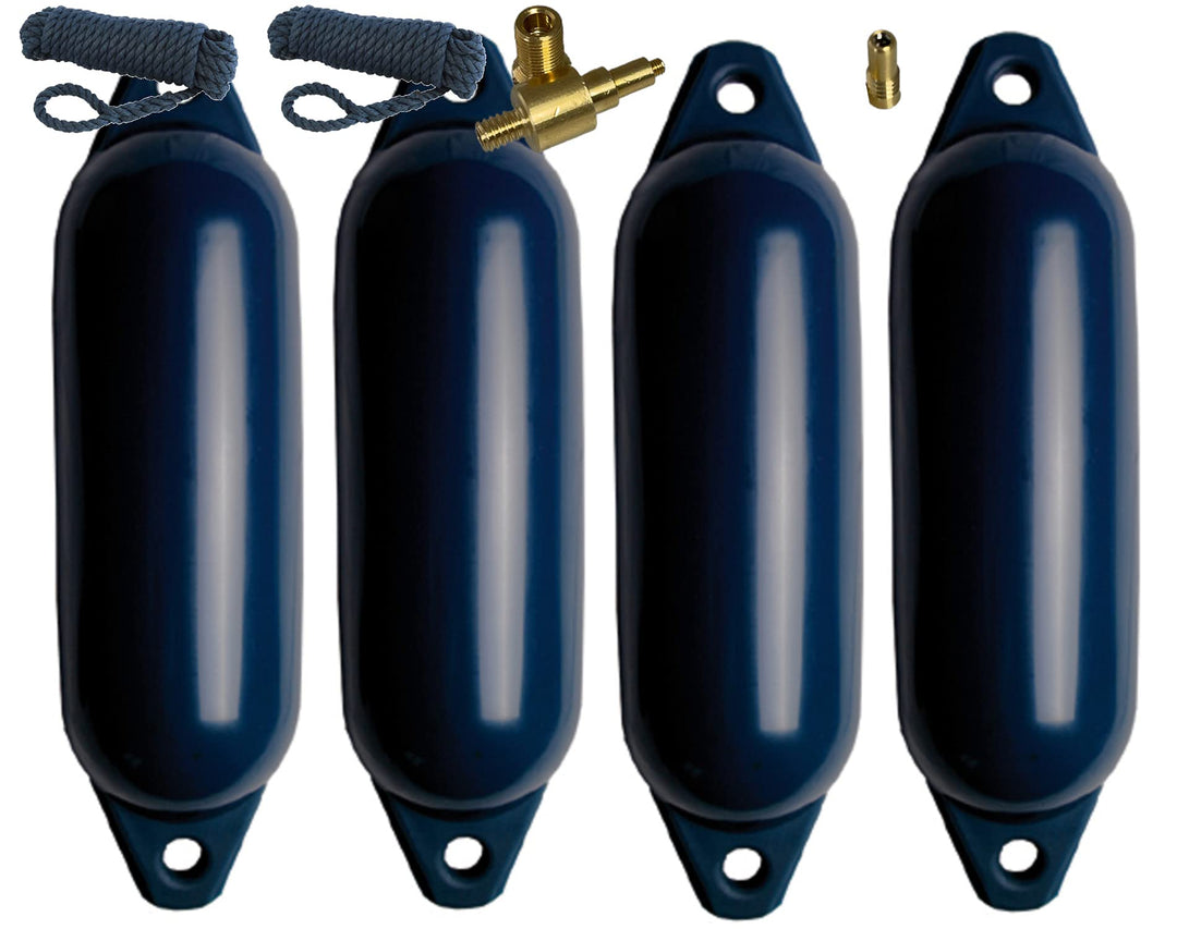 MOTIVEX Komplettset 4er-Set Fender mit 4 Fenderleinen, 1 Ersatzventil und 1 Ventiladapter Navyblau 4