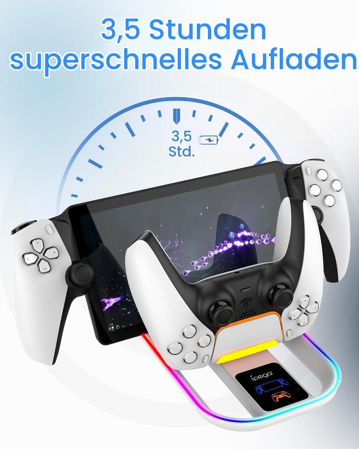 Ladestation für PS Portal und PS5 Controller,Tragbares Ladegerät mit RGB 14 Lichteffekt für PS Porta