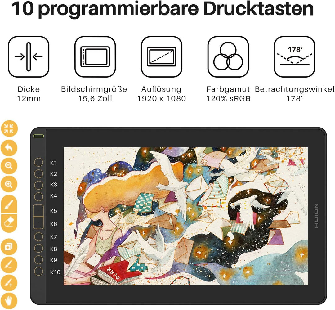 HUION Kamvas 16 Grafiktablett mit Display, 15,6 Zoll，8192 Stufen Batterieloser Stift, 10 Tasten Zeic