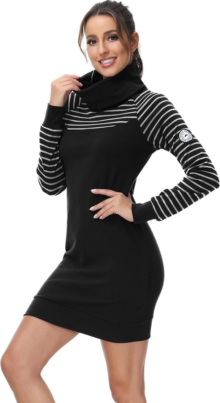 TrendiMax Damen Sweatshirt Langarm Hoodie Kleid Pulloverkleid Rollkragen Sweatkleid Kapuzenpulli Lan