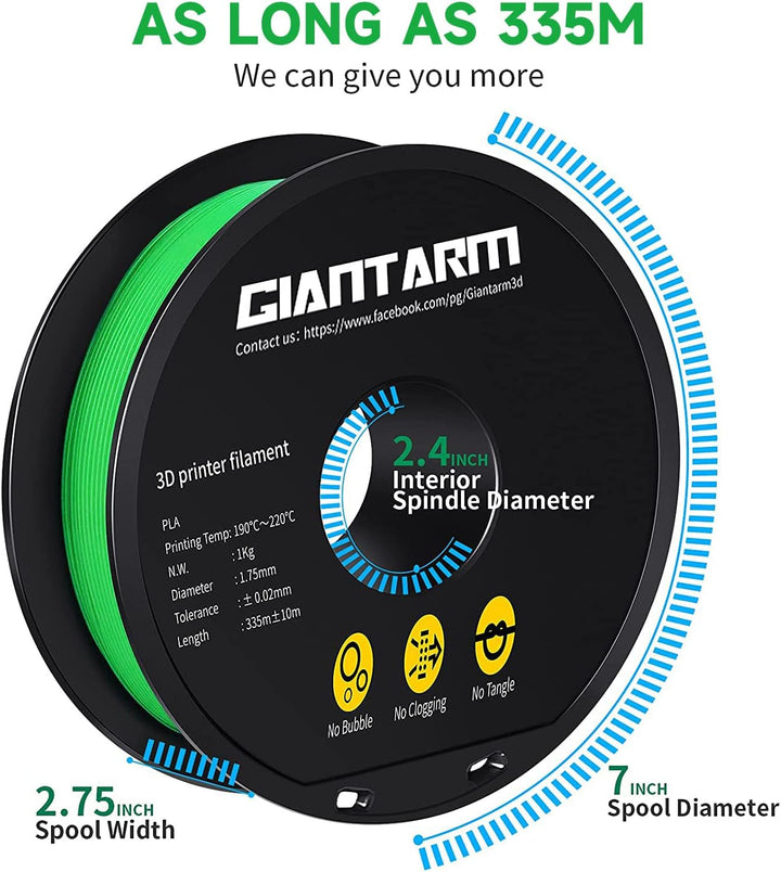PLA Filament 1.75mm,GIANTARM 3D Drucker Filament PLA Grün 1kg Spool C-Grüner, C-Grüner