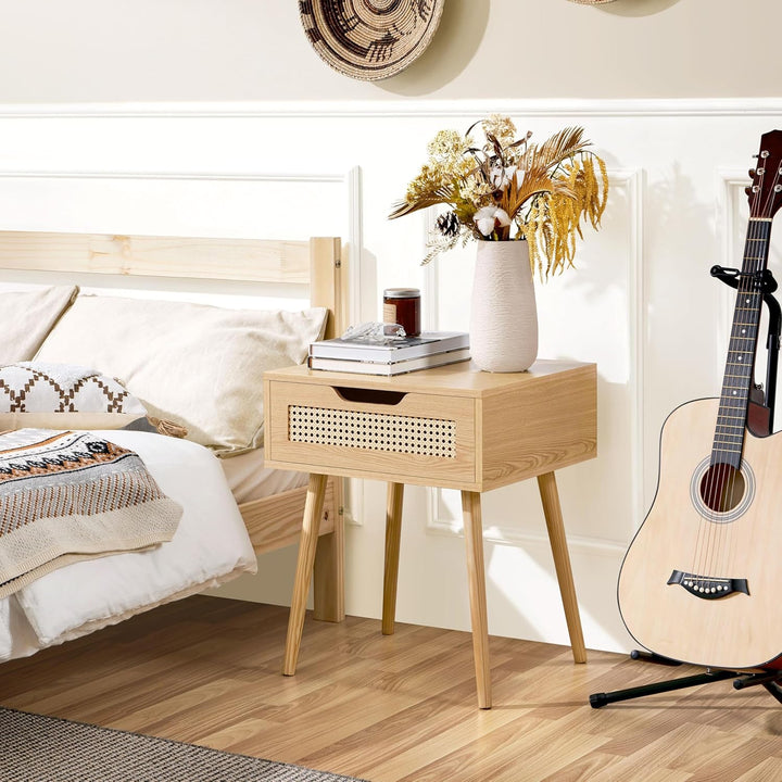 Yaheetech Nachttisch Rattan Beistelltisch Nachtkommode mit 1 Schublade Holzbeine Sofatisch Nachtschr