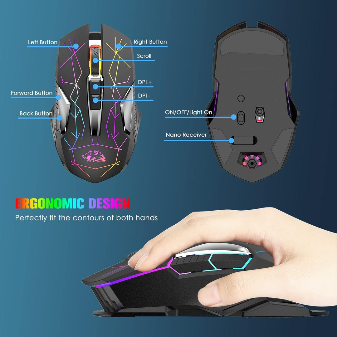 Kabellose Gaming-Maus, 2400 DPI, Seitentaste, USB Empfänger, Atmung RGB-Beleuchtung, 7 Tasten Lautlo