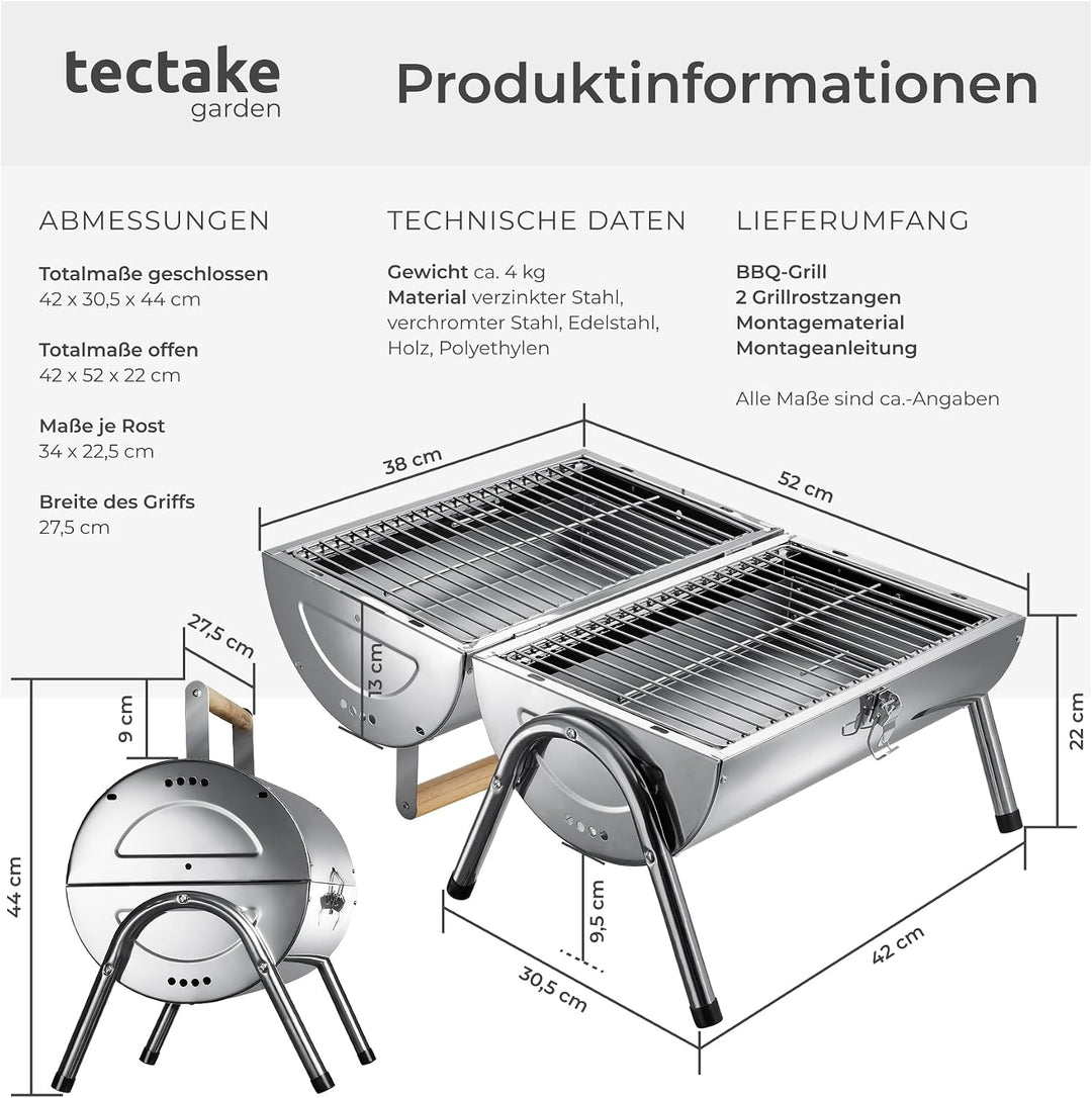 tectake® Edelstahlgrill, wetterfest, Doppel-Grillfläche 34 x 45 cm