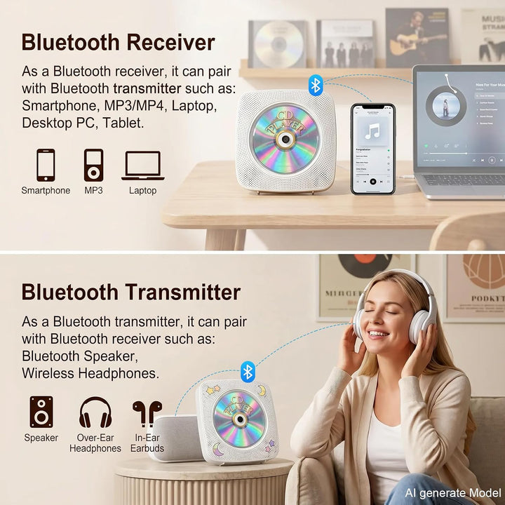 Gueray Desktop CD Player Bluetooth CD-Spieler mit Lautsprechern für Zuhause 1800mAh Tragbarer CD-Pla