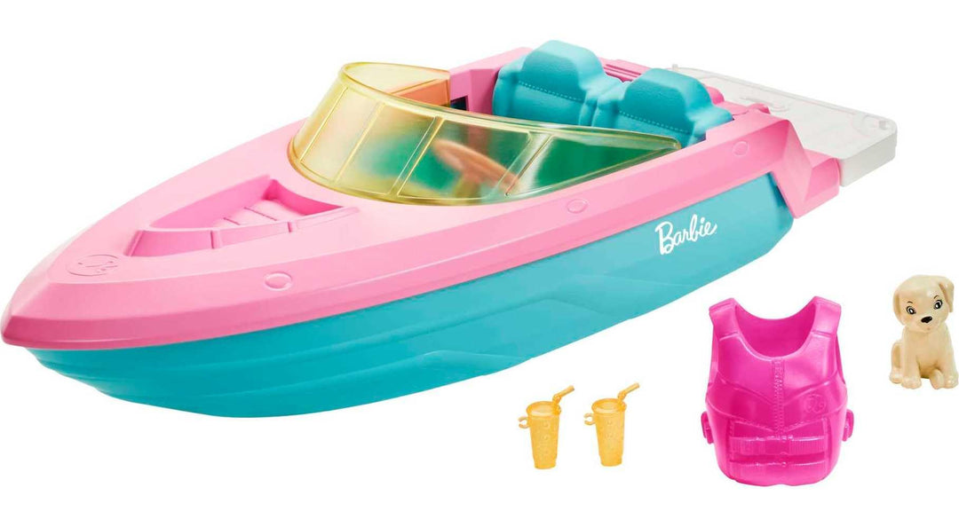 Barbie Speedboat, rosa Schwimmweste, rosa, blaues und weisses Barbie-Boot, Welpe, Barbie Accessoires