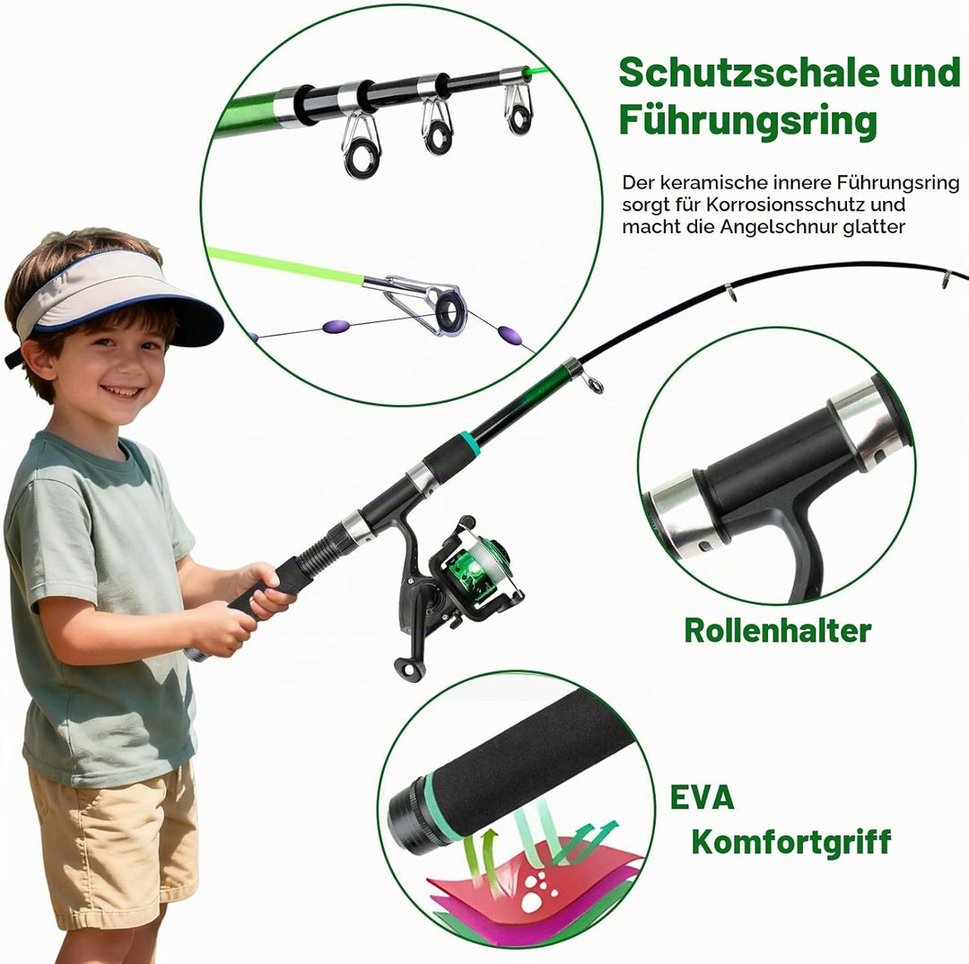 Angelset für Kinder, Kinderangel Komplett Anfänger, Kinder Angelset mit Angelrolle und Köder, 1.8m K