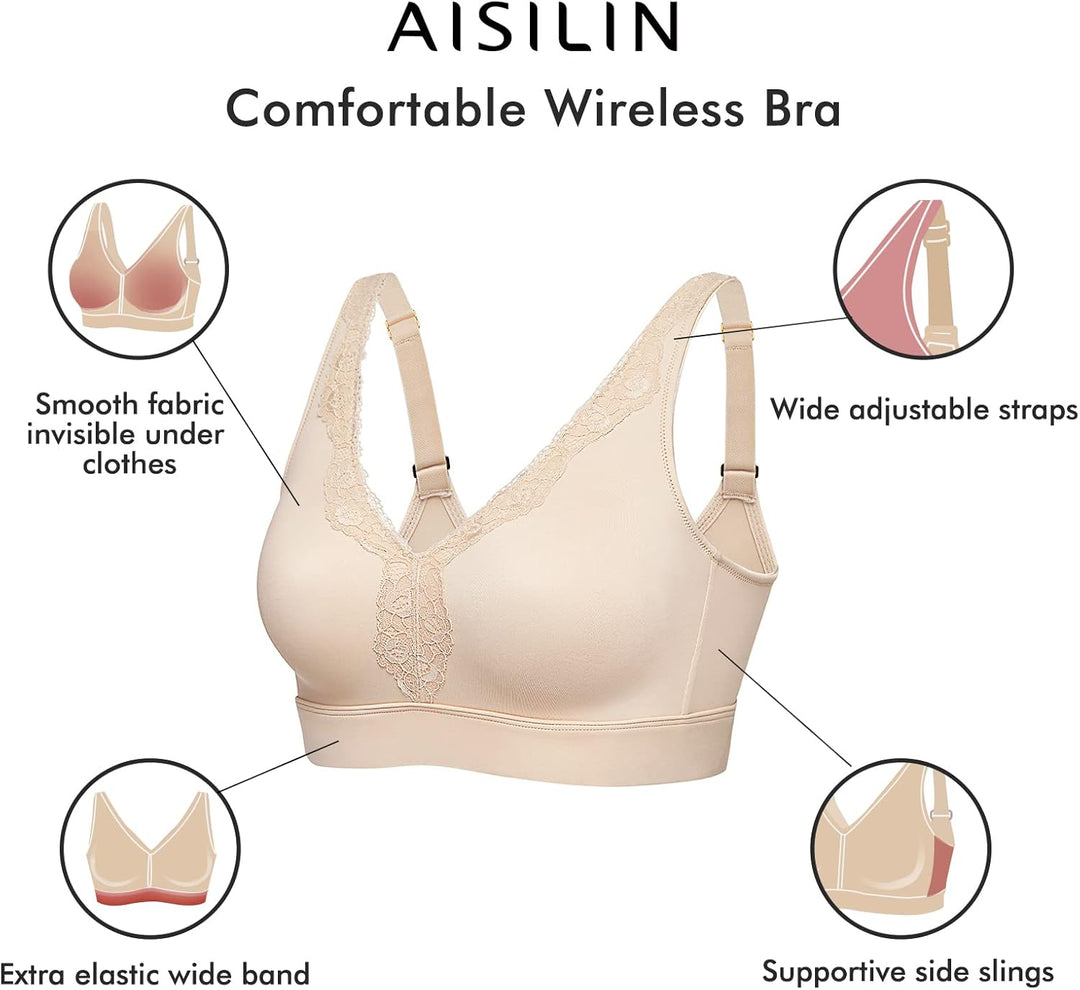 AISILIN Damen BH ohne Bügel Komfort Grosse Grösse volle Abdeckung Nahtlos Ungefüttert 95D Beige, 95D