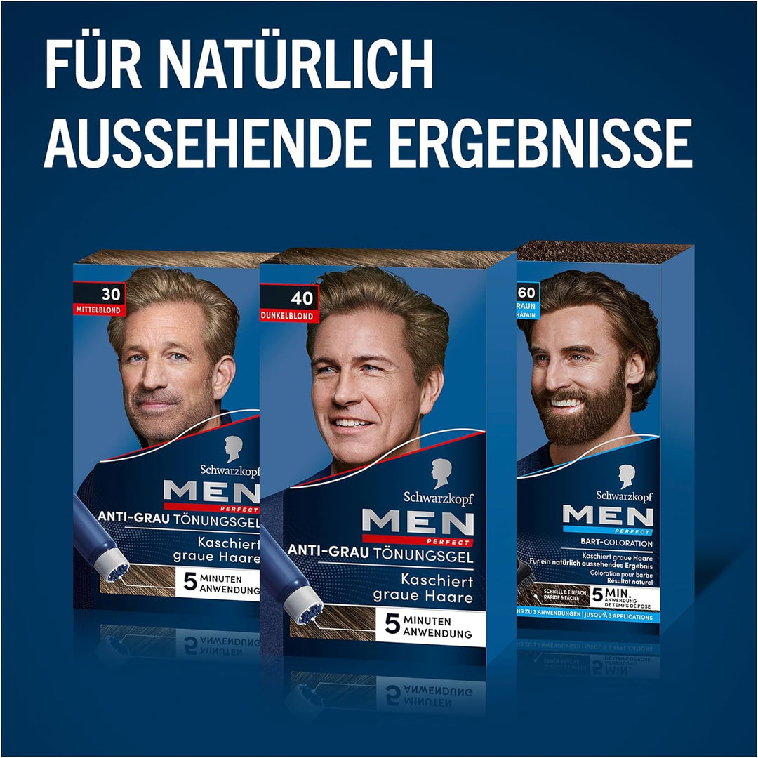 Schwarzkopf Men Perfect Anti-Grau Tönungs-Gel 40 Dunkelblond (80 ml), Haarfarbe für Männer blendet g