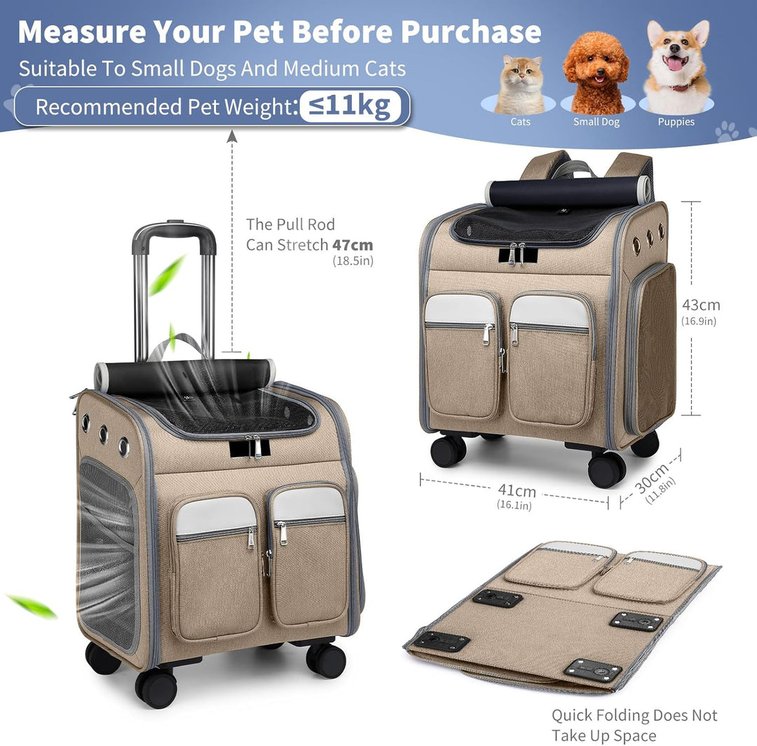 PETCUTE Katzenrucksack Hunderucksack mit Trolley 2 in 1 bis 11 kg,Faltbarer Hundetrolley mit 4 Räder