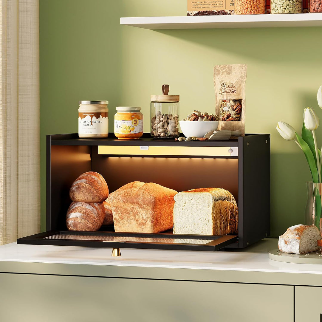 VEDECASA Bambus Brotbox mit LED Sensorlicht, Grosse Küchen Arbeitsplatte Brot Aufbewahrungsbox mit F