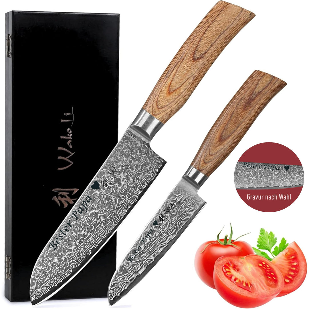 Wakoli EDIB Pro Damastmesser Set mit Gravur – Personalisiertes 2er Santoku Messerset, 16cm & 11cm Kl