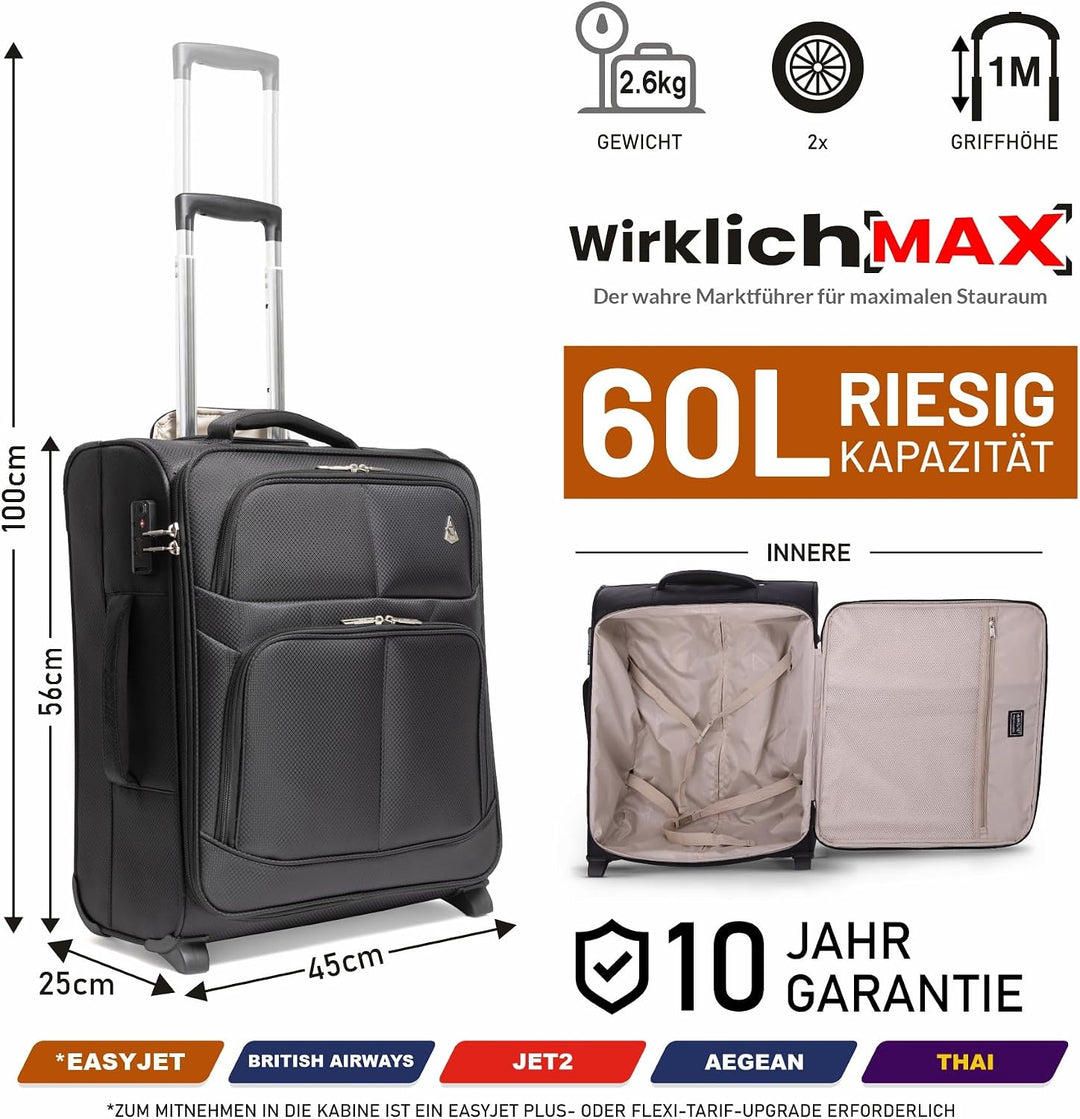 Aerolite 56x45x25 Trolley Koffer easyJet, British Airways, Jet2, Wizz Air Maximum Höchstbetrag 2 Rol