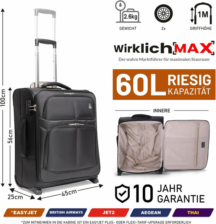 Aerolite 56x45x25 Trolley Koffer easyJet, British Airways, Jet2, Wizz Air Maximum Höchstbetrag 2 Rol