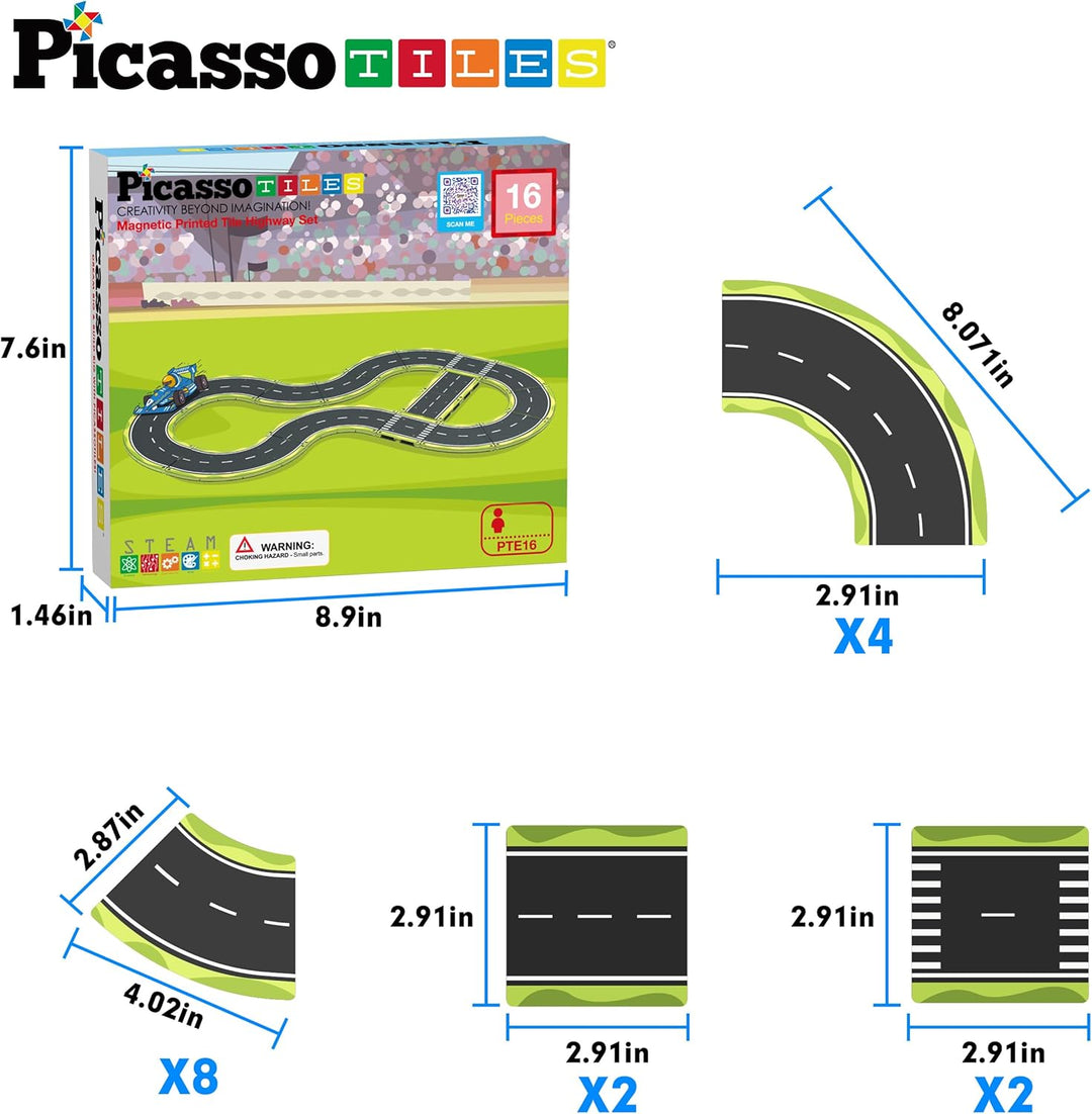 PicassoTiles Magnetfliese, Autostrecke, Abenteuerthema, Bedruckt, Strasse, Landebahn, Rennstrecke, A