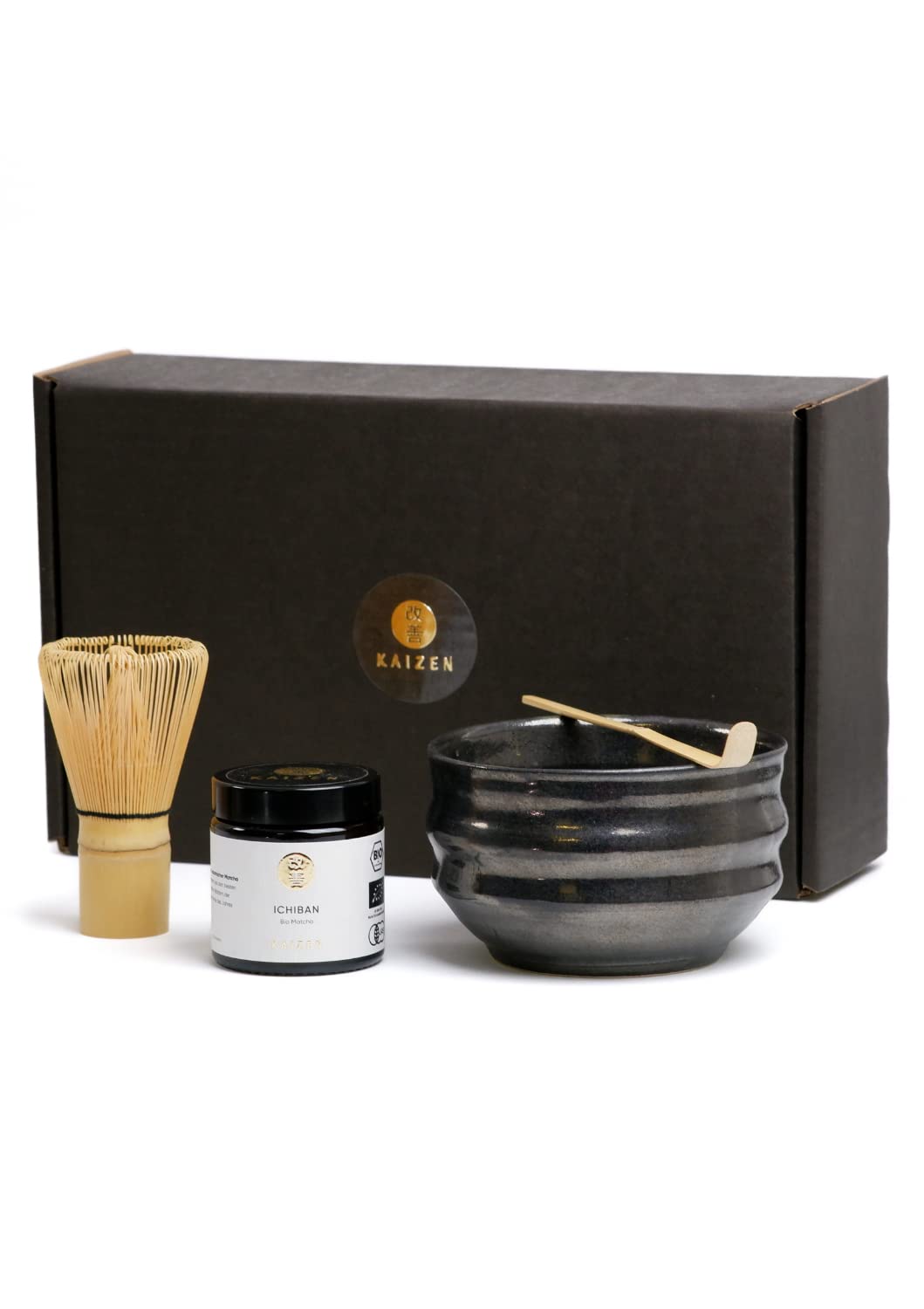 Kaizen® Ichiban Matcha Set - Contest Ceremonial Bio Matcha, handgefertigte Chawan-Teeschale, Besen &