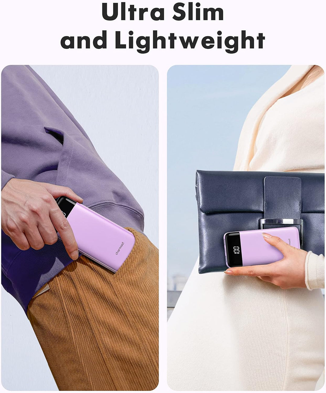 Charmast Power Bank, Slim 10000mAh Powerbank mit Kabel USB C und LED-Display, 6 Ausgängen Klein Aber