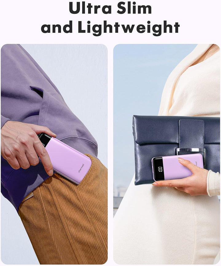 Charmast Power Bank, Slim 10000mAh Powerbank mit Kabel USB C und LED-Display, 6 Ausgängen Klein Aber